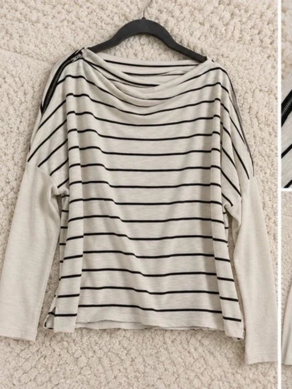 BIBI Cream & Black Striped Long Sleeve Top - Zipper Detail – Medium